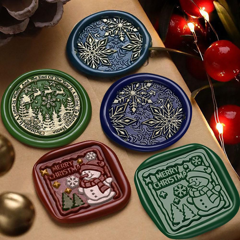3D Vintage Christmas Wax Seal Stamp Kit - Snowflake Snowman Xmas Tree Elk Designs with 3 Copper Brass Heads and 1 Wooden Handle for Envelope & Gift Wraps