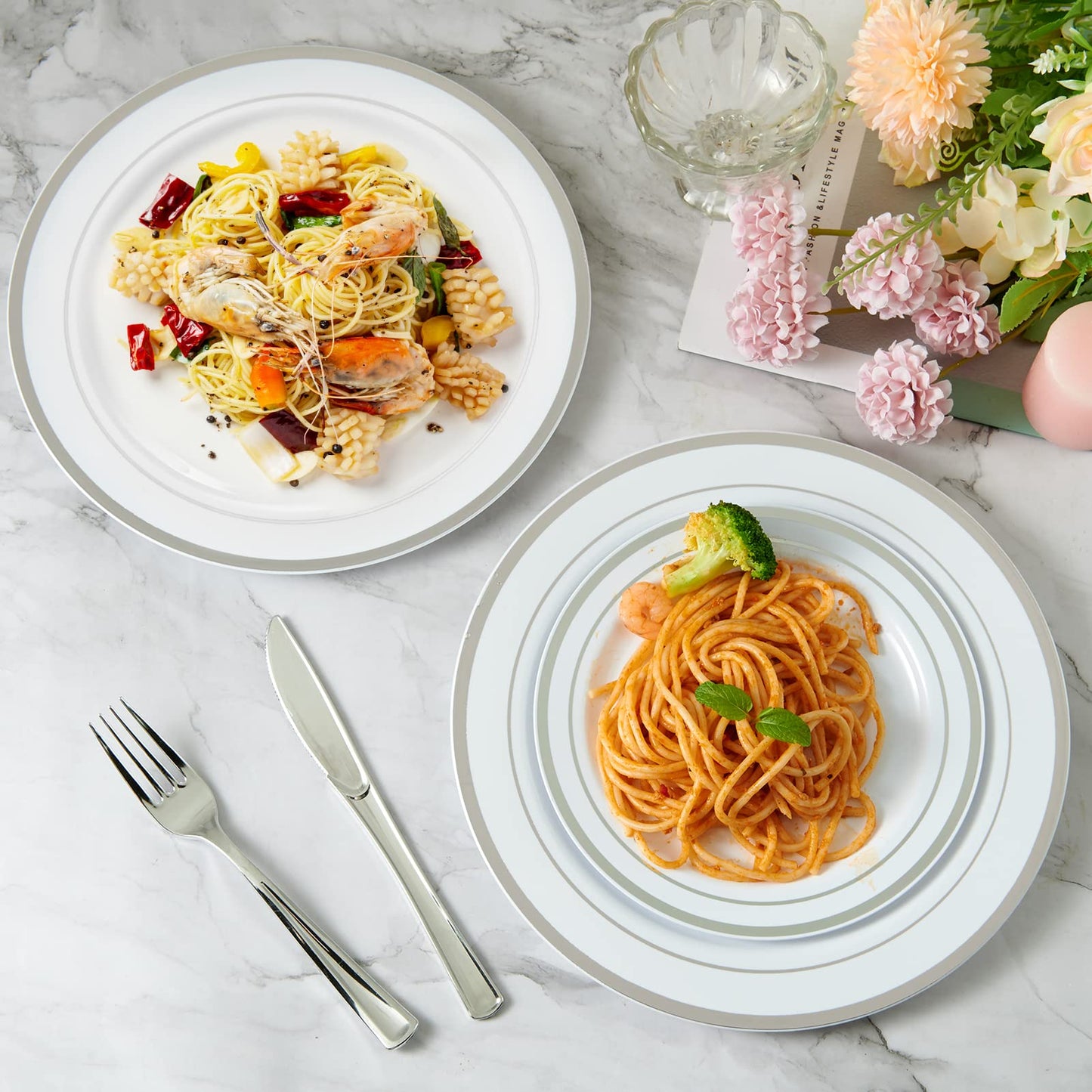 JollyPack 100 Piece Disposable Silver Plastic Party Plates, Including 50 10 Inch Dinner Plates and 50 7 Inch for Dessert, Great for Parties, Weddings, Home Use, and Christmas