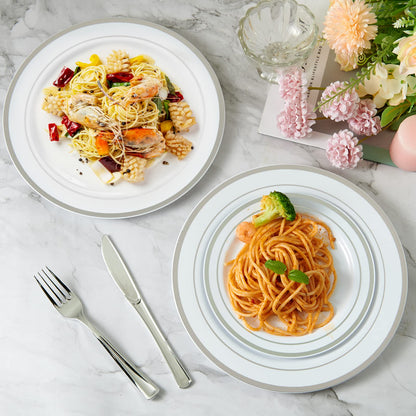JollyPack 100 Piece Disposable Silver Plastic Party Plates, Including 50 10 Inch Dinner Plates and 50 7 Inch for Dessert, Great for Parties, Weddings, Home Use, and Christmas
