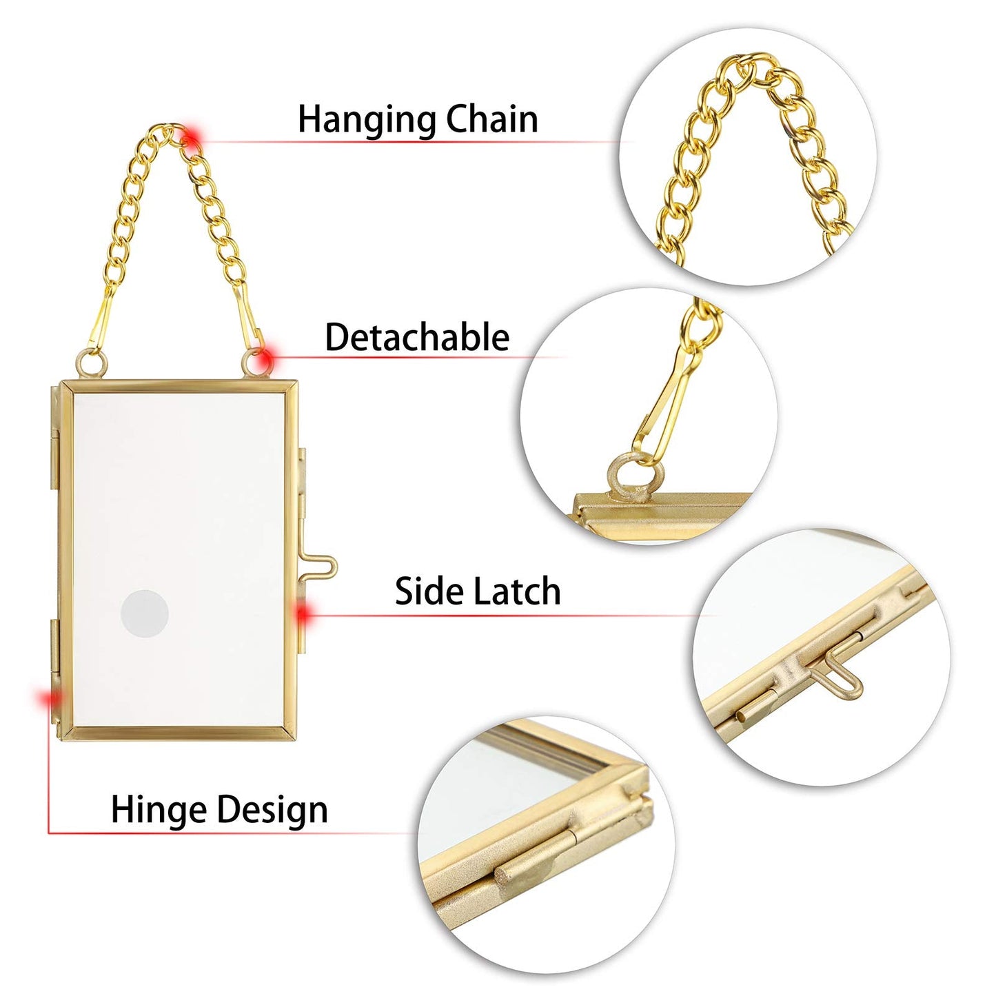 JUXYES 4 Pack Mini Brass Floating Frames Ornaments With Hanging Chain - Double Glass Tiny Picture Display Frame - Gold Wallet Size Floater Style Gallery Wall Frame for Pressed Flowers, Vertical