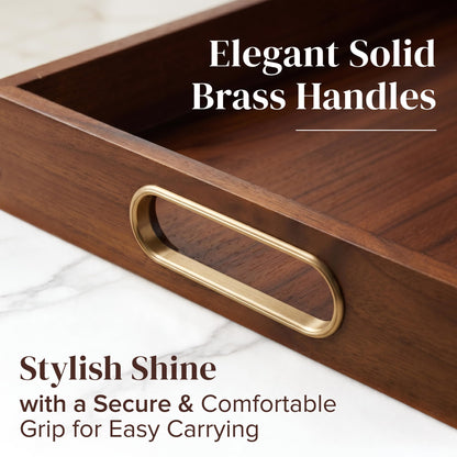 Jack & Juliet Teak Wood Ottoman Tray – Large Wooden Multifunctional Tray with Real Brass Handles - Non Slip Base in Food-Safe Finish - Gift-Ready Packaging for Coffee Table and Home Decor (Walnut)