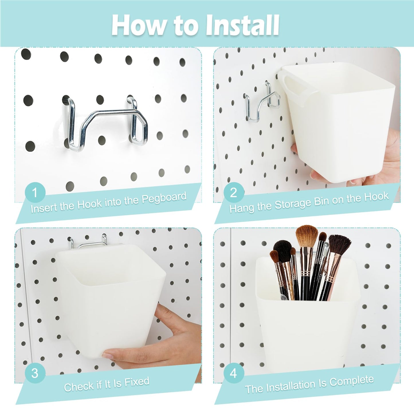 FIMXSD 8 Pack Large Pegboard Bins with Hooks, Square Box Shape Peg Board Cups and Peg Board Accessories for Craft Room, Playroom, Office, Garage, and Wall Mount Organization (White)