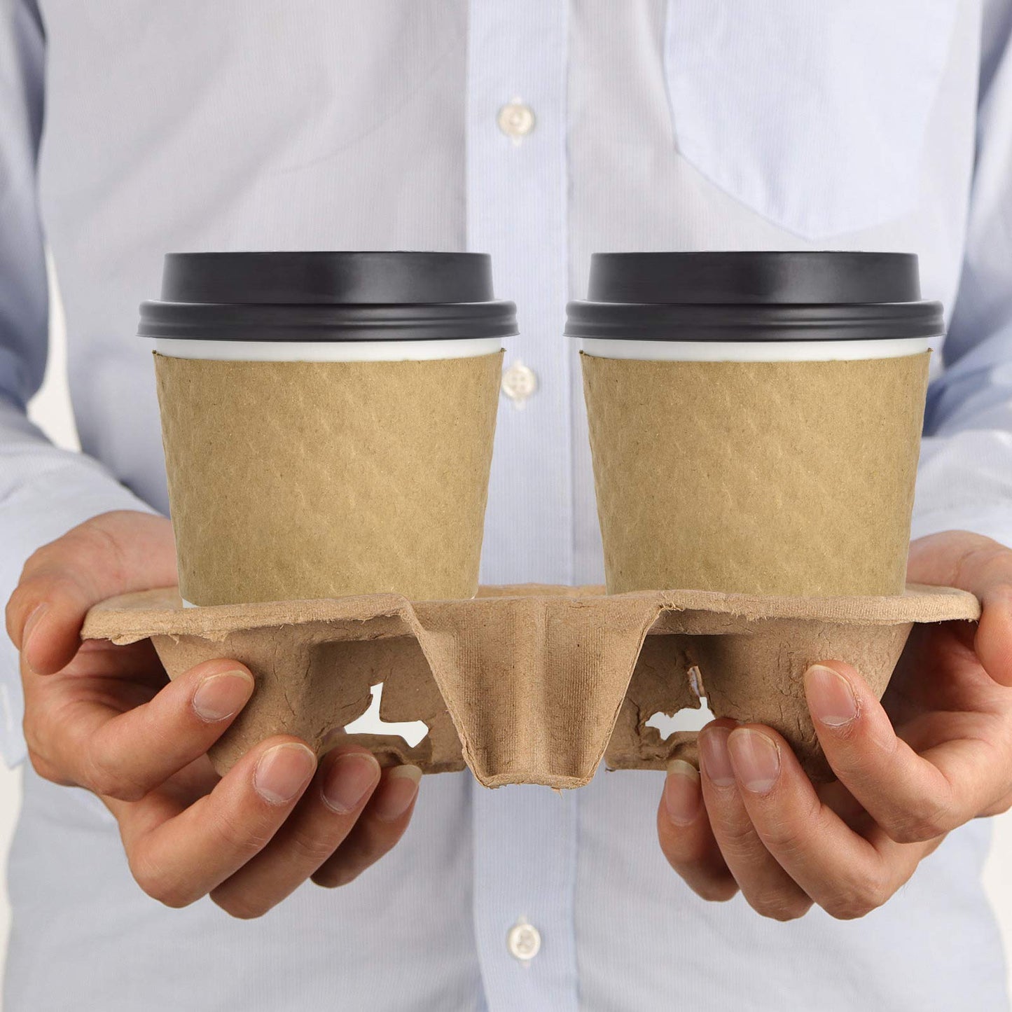 HOZEON 100 Pack 2-Cup Pulp Fiber Drink Carrier, to Go Coffee Cup Holder, Disposable Drink Carrier Tray for Hot or Cold Drinks, Coffee Shops, Takeaway Shops, Restaurants,Grocery Stores, Juice Bars