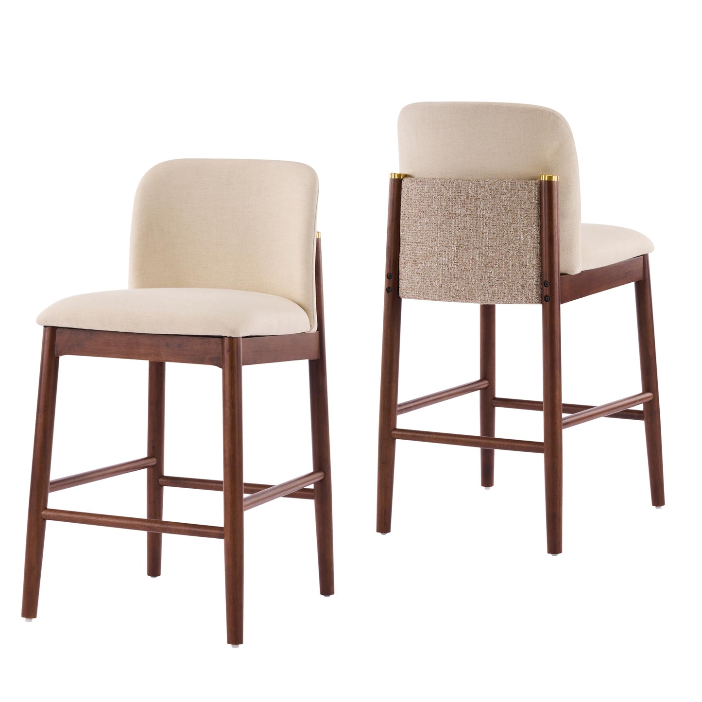 Christopher Knight Home Yumi Counter Height Bar Stools Set of 2, Fabric Upholstered Bar Stool for Kitchen Island, Armless Rubberwood Counter Stools with Solid Backrest + Footrest, Beige + Dark Walnut