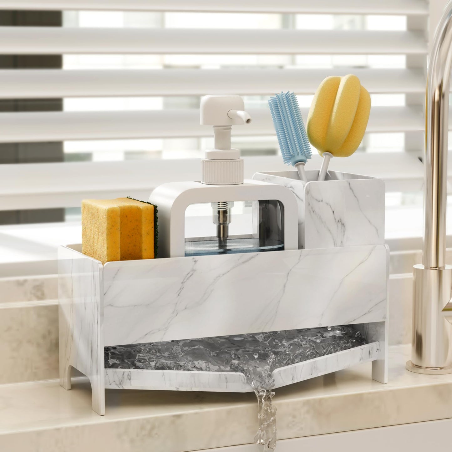 TIDIIABODE Sponge Holder for Kitchen Sink, Acrylic Sink Caddy Organizer with Removable Brush Holder, Countertop Soap Dispenser Organizer with Marble Texture, Kitchen Organizers Storage, White
