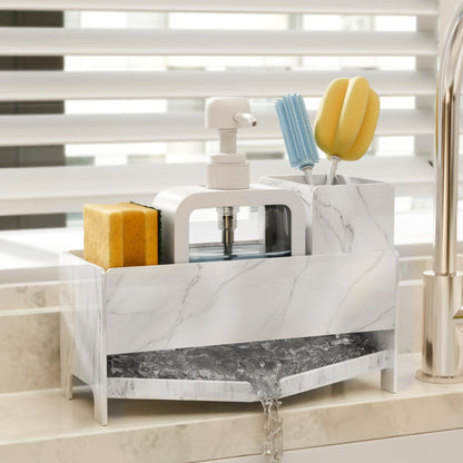 TIDIIABODE Sponge Holder for Kitchen Sink, Acrylic Sink Caddy Organizer with Removable Brush Holder, Countertop Soap Dispenser Organizer with Marble Texture, Kitchen Organizers Storage, White