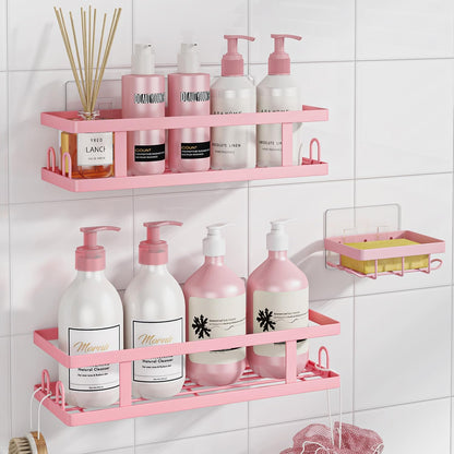 Youvip Adhesive Shower Caddy - No-Drill Bathroom Organizer with Soap Holder & 12 Hooks | Pink, 3 Pack