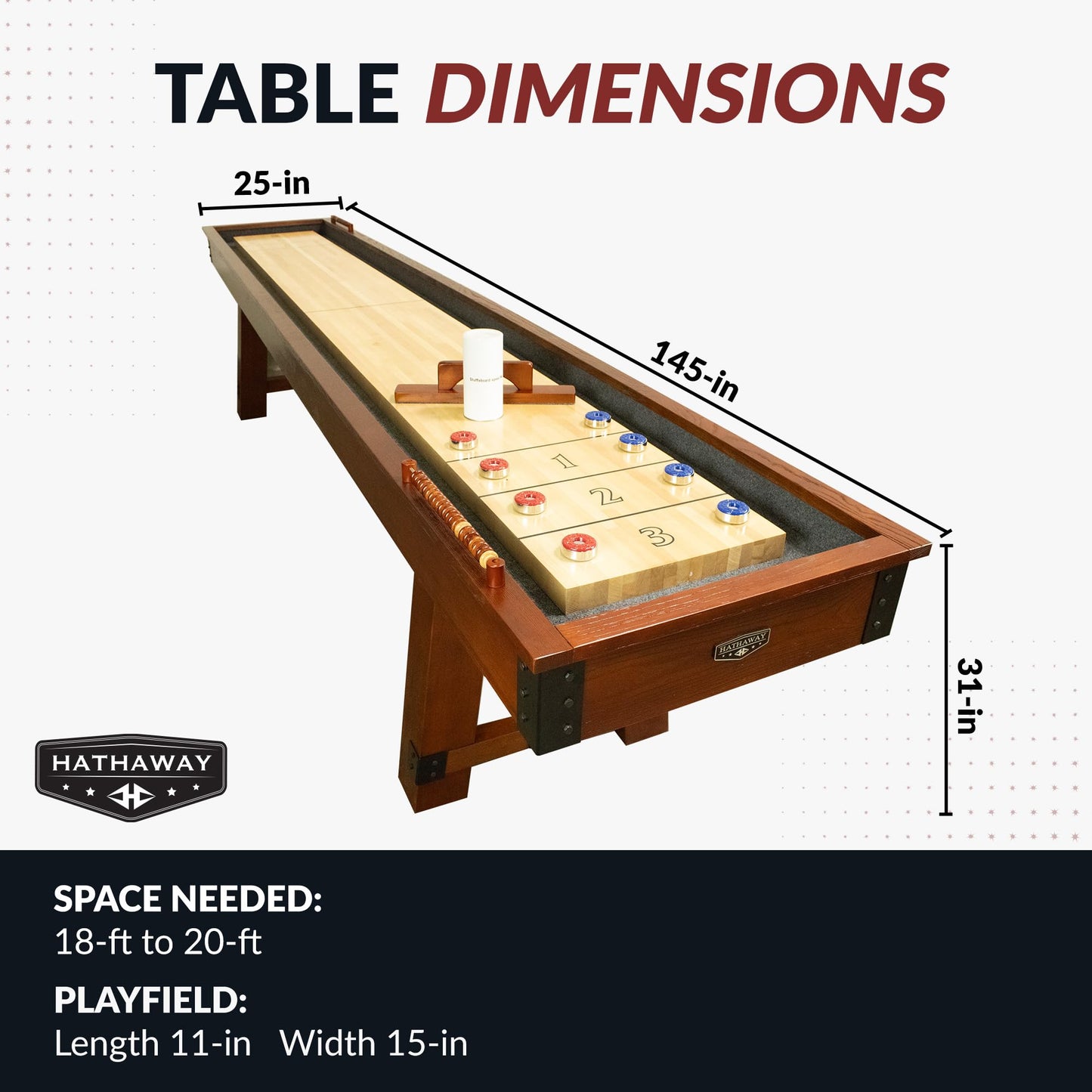 Hathaway Cheyenne 12 Ft Shuffleboard Table for Family Arcade Game Room - with Poly-Coated Playfield, Built-in Scorer & Cabinet, Climate Adjusters, Leg Levelers, 8 Pucks, Brush & Wax – Rustic Oak