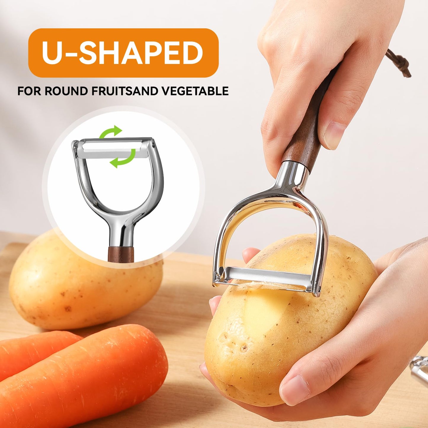 Vegetable Peeler Set, 2-Pack Potato Peelers (Straight + Y Peeler), Swivel Blades, Sharp Stainless Steel, Walnut Wood Handle, Fruit & Veggie Peeler for Kitchen
