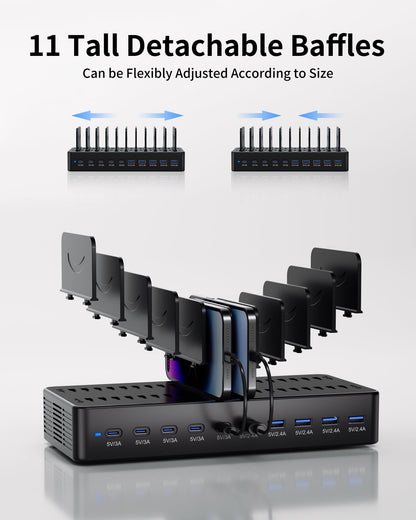 100W Charging Station for Multiple Devices, 10-Port USB Fast Charging Station with Adjustable Dividers & 10 Cables- Multi Device Organizer Charging Dock for iPhone, iPad, Tablets & More(Black)