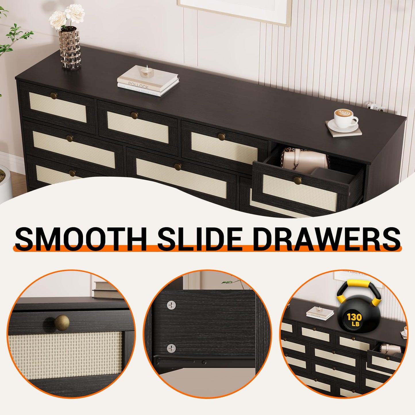 GarveeHome 12 Drawer Wooden Dresser for Bedroom, Rattan Chest of Drawers for Closet, Living Room, Hallway, 61 Inch Wood Wide TV Stand Dressers for 65 Inch TV, Modern Dresser for Adult Room