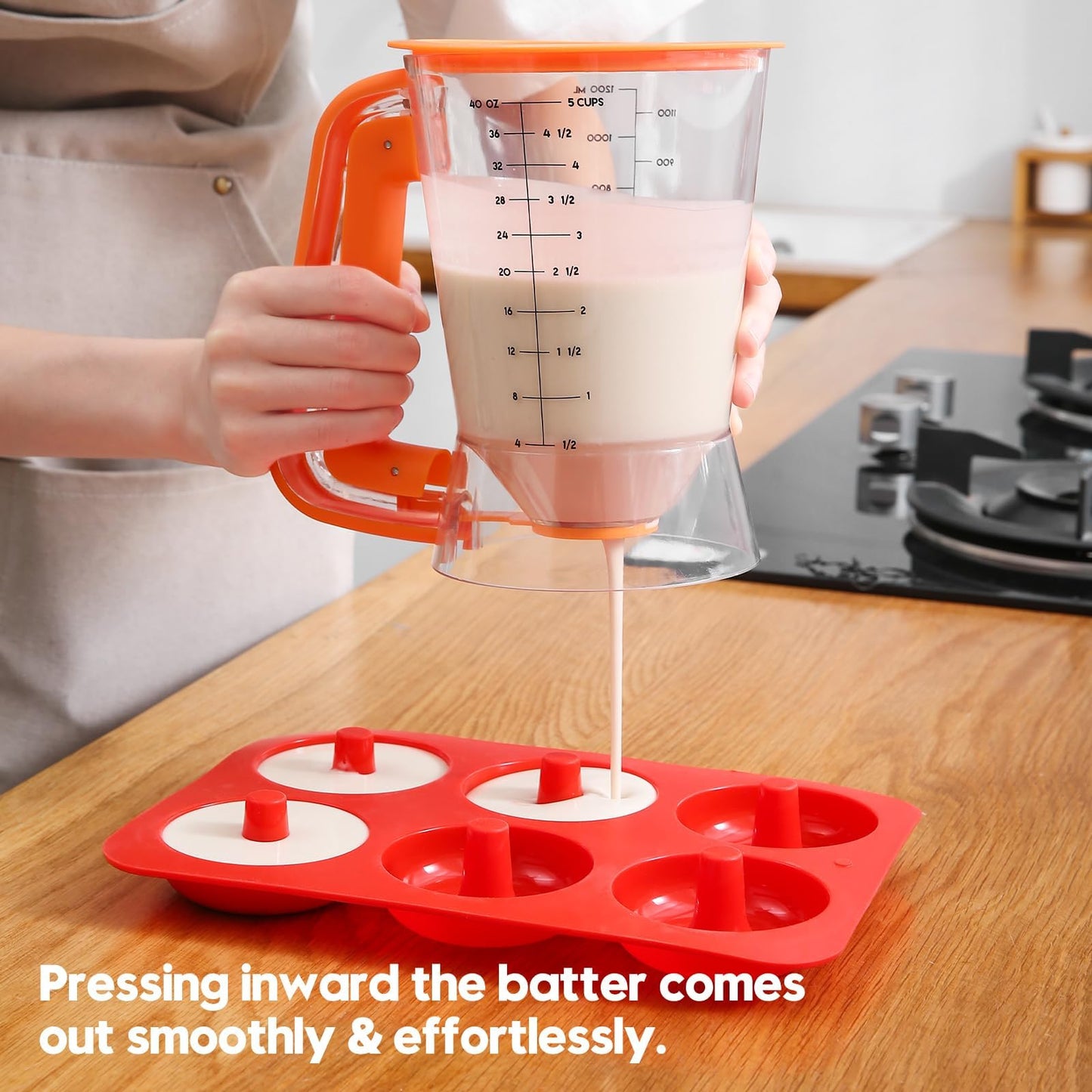 GAGAQI Pancake Batter Dispenser 5 Cup with Sturdy Handle,Batter Separator for Pancakes, Cupcake, Waffle, Muffin Mix, Cake & Crepe Batter pitcher with Squeeze Handle Baking Tools-Orange