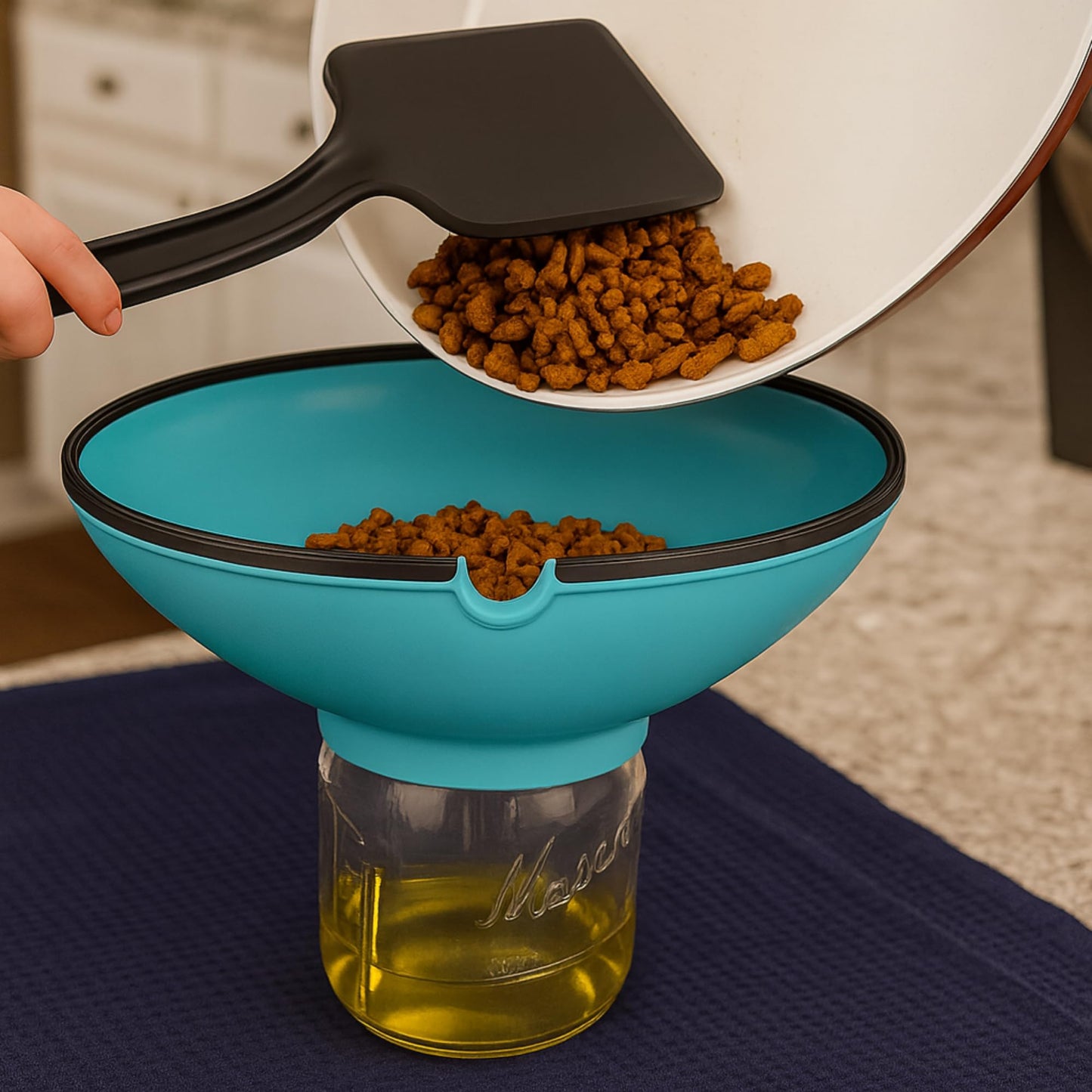 BUUBLE Ultimate Grease Drainer & Food Strainer (Aqua) Premium Heat-Resistant Silicone Colander for Bacon, Ground Beef, Pasta & Veggies; Fits Pans, Cans & Jars; Dishwasher Safe