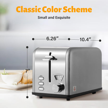 YSSOA 2 Slice Stainless Steel Toaster, Extra Wide Slot & Removable Crumb Tray, Retro Compact Oven, Silver