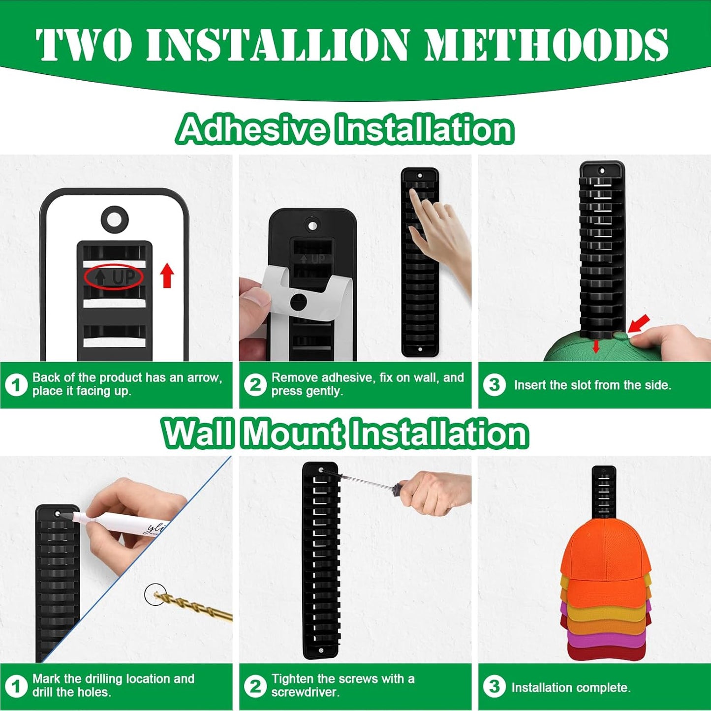 Hat Racks for Wall, 2pcs Cap Organizer Holds Up To 32 Caps, Sticky or Drilling Use, Hat Storage for Closet, Office