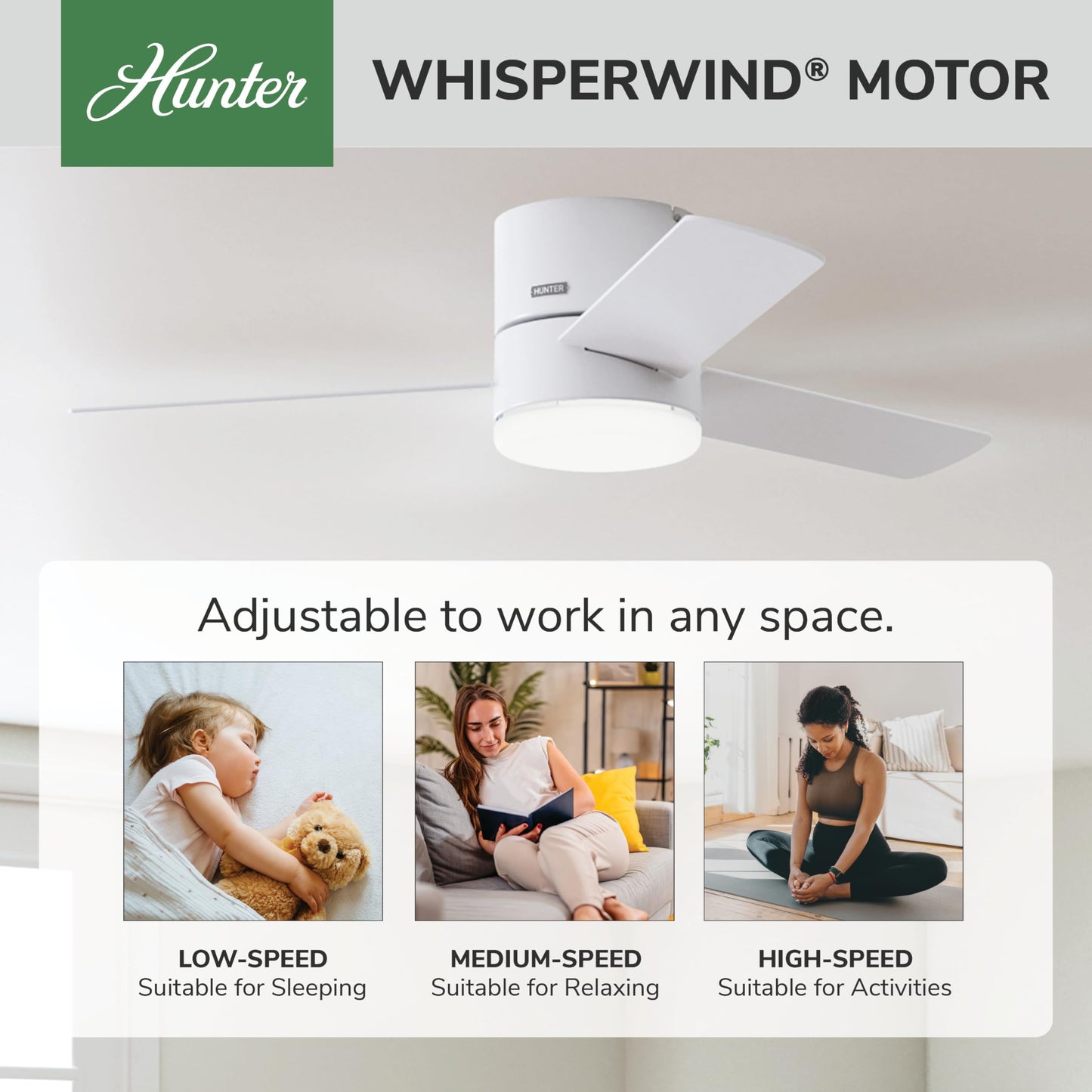 Hunter 52 inch Indoor Ceiling Fan with Light and Remote Control - For Bedroom or Living Room, Low Profile Flush Mount, White Modern Ceiling Fan with LED Light, 3 Blades - Minimus 51433, Fresh White