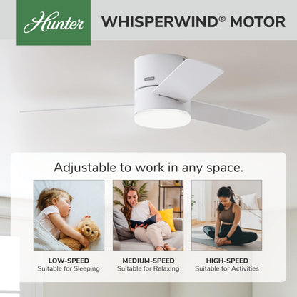 Hunter 52 inch Indoor Ceiling Fan with Light and Remote Control - For Bedroom or Living Room, Low Profile Flush Mount, White Modern Ceiling Fan with LED Light, 3 Blades - Minimus 51433, Fresh White