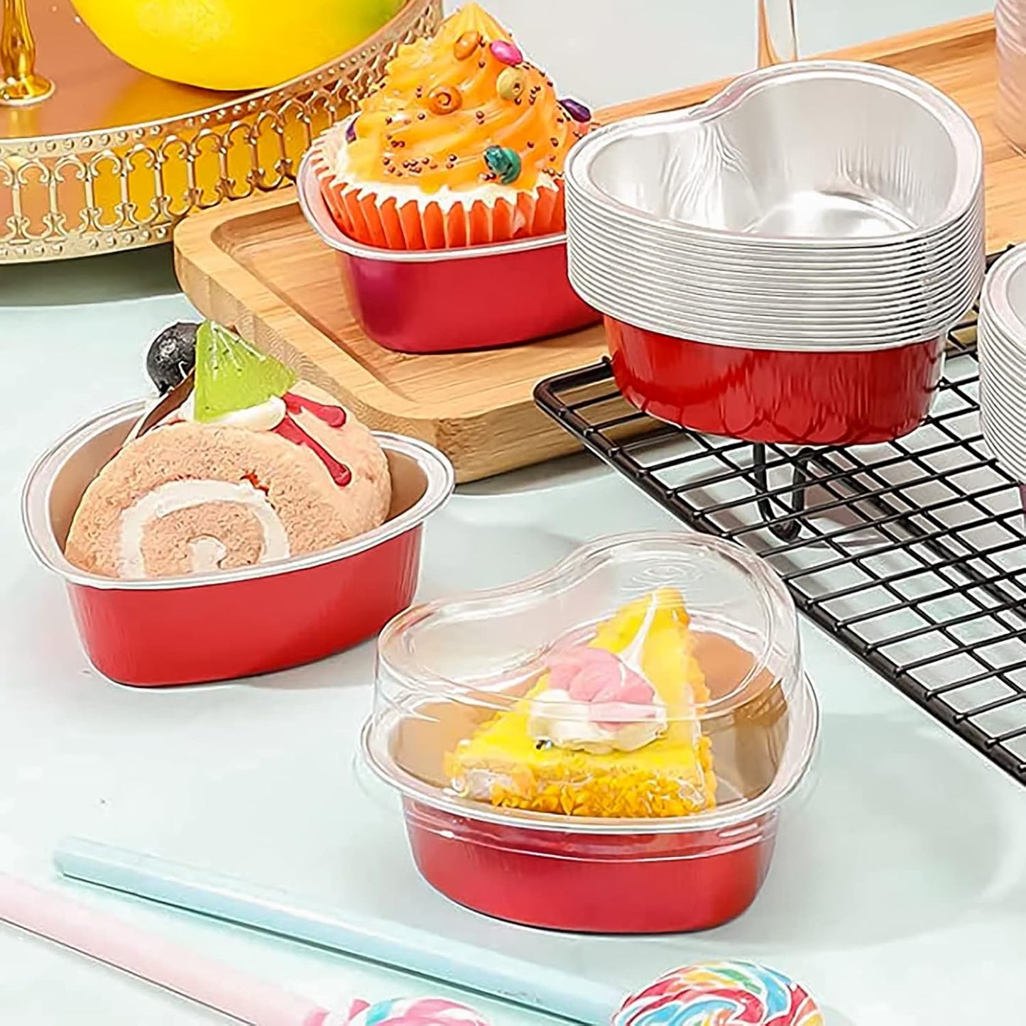 Heart Shaped Cake Pans for Baking, BLVRYVIO 50 Sets Aluminum Cupcake Cups with Lids, Red