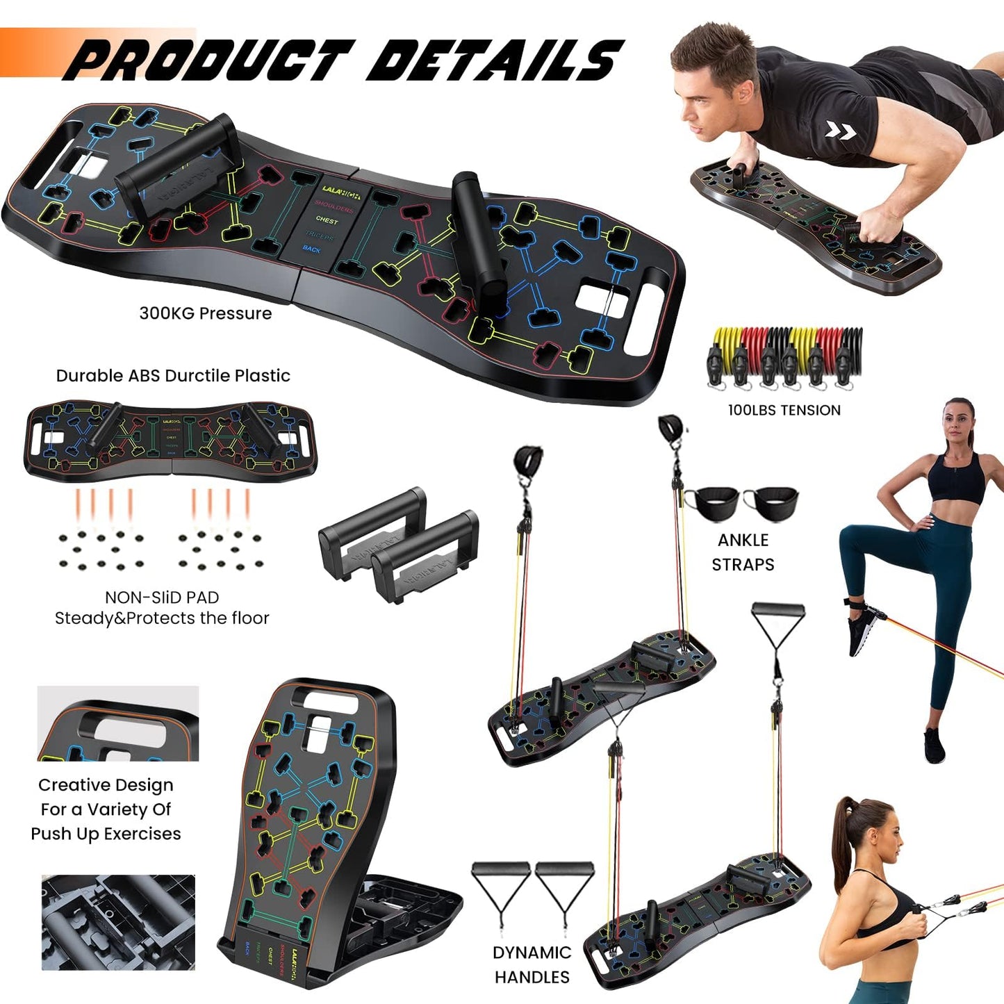 LALAHIGH Push Up Board,36 in 1 Home Gym Equipment with Ab Roller Wheel & Resistance Bands, Portable Foldable Workout Board for Full Body Strength Training Men Women
