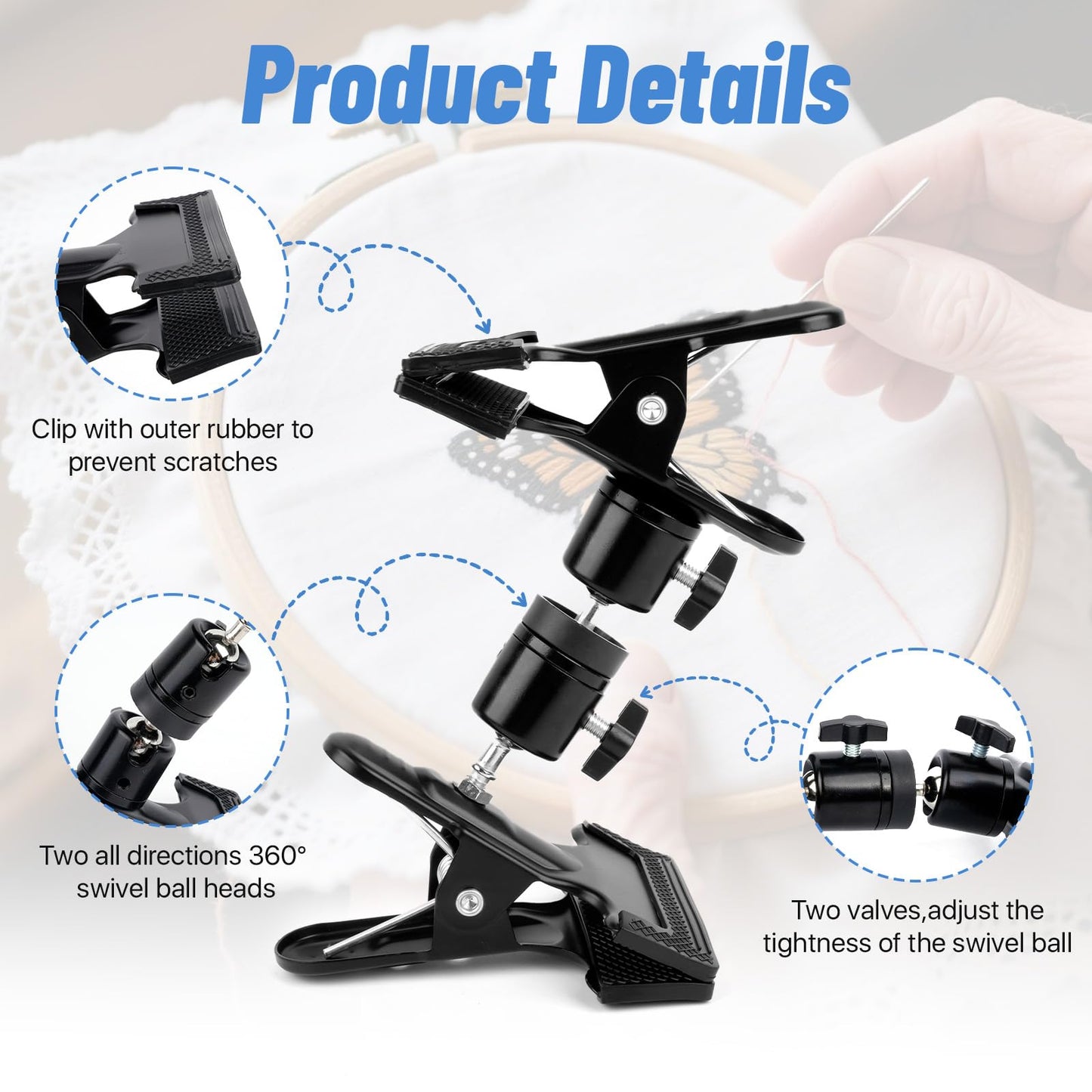 Boocalny Portable Metal Embroidery Hoop Stand Holder, 360° Rotated Adjustable Embroidery Table Stand Clamp Clip, Metal Cross Stitch Hoop Stand Tabletop Craft Clamp for DIY Needlework Needle Sewing
