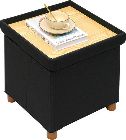 15" 15" 15"Black PINPLUS Storage Ottoman Cube, White Linen Footrest with Wooden Legs, Foldable Fabric Footrest