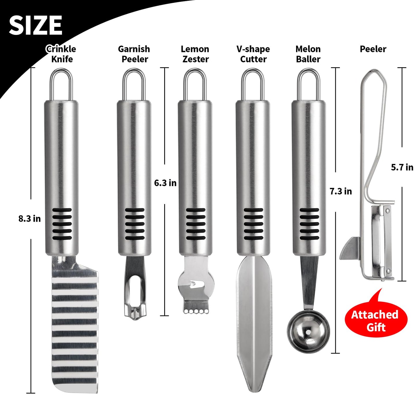 BURLIHOME Stainless Steel Fruit Carving Knife Set, 6 Pack Vegetable Engraving Blades for Kitchen, Melon Baller Scoop,Lemon Zester, Garnish Peeler,Crinkle Knife,V-shape Cutter