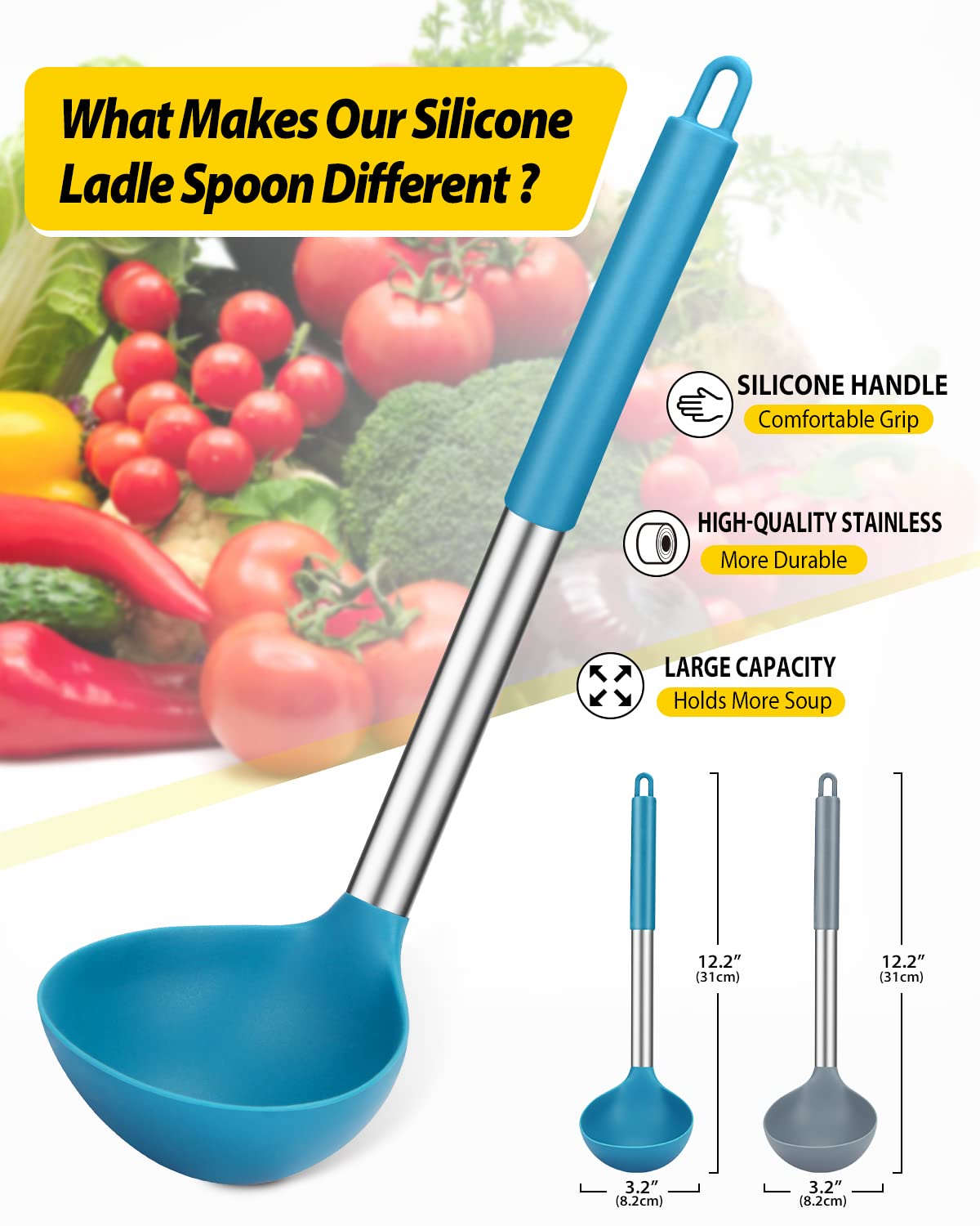 Pack of 2 Ladle Spoon,Silicone Large Spoon for Soup,Non Stick Kitchen Utensils with High Heat Resistant,BPA Free Perfect Kitchen Tools for Cooking, Stirring,Serving Soups (GREY-BLUE)