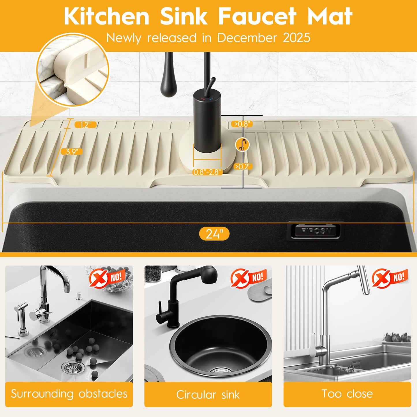 24" Silicone Faucet Mat for Kitchen Sink Released in 2025/12TH,8° Slope Fast Self-draining-Kitchen Sink Splash Guard,Bathroom Kitchen Sink Area Water Splash Guard Behind Faucet Draining Mat Beige