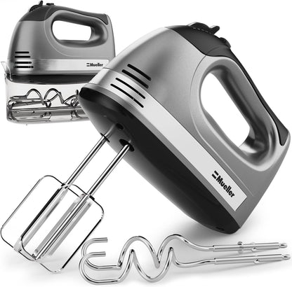Mueller Electric Hand Mixer, 5 Speed 250W Turbo with Snap-On Storage Case and 4 Stainless Steel Accessories for Mixing