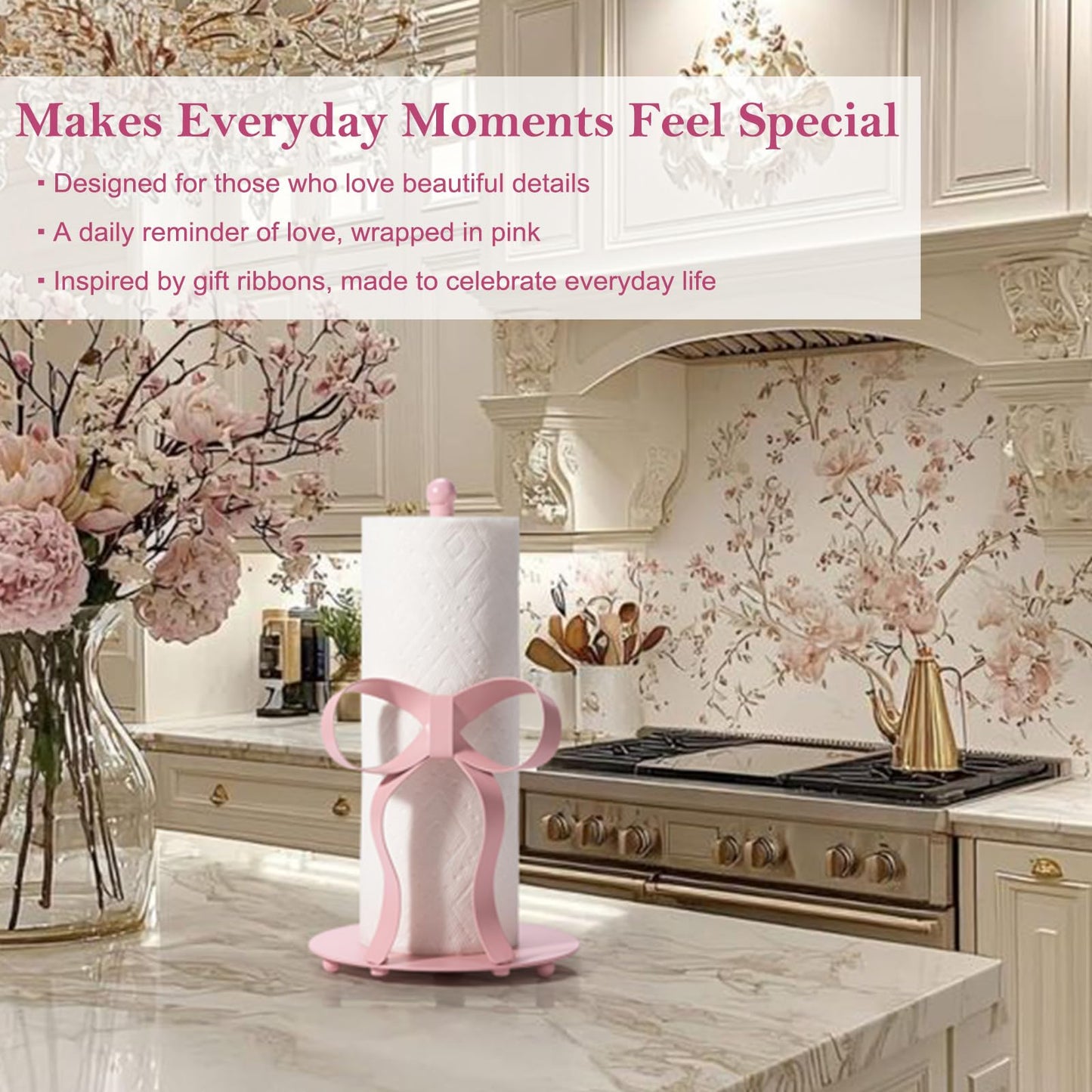 Shinlar Pink Bow Paper Towel Holder Coutertop - Bow Accent Paper Towel Holder, Pink Kitchen Decor and Accessories, Coquette Room Decor Girly Gifts for Women, 3D Handmade Pattern, Weighted Base