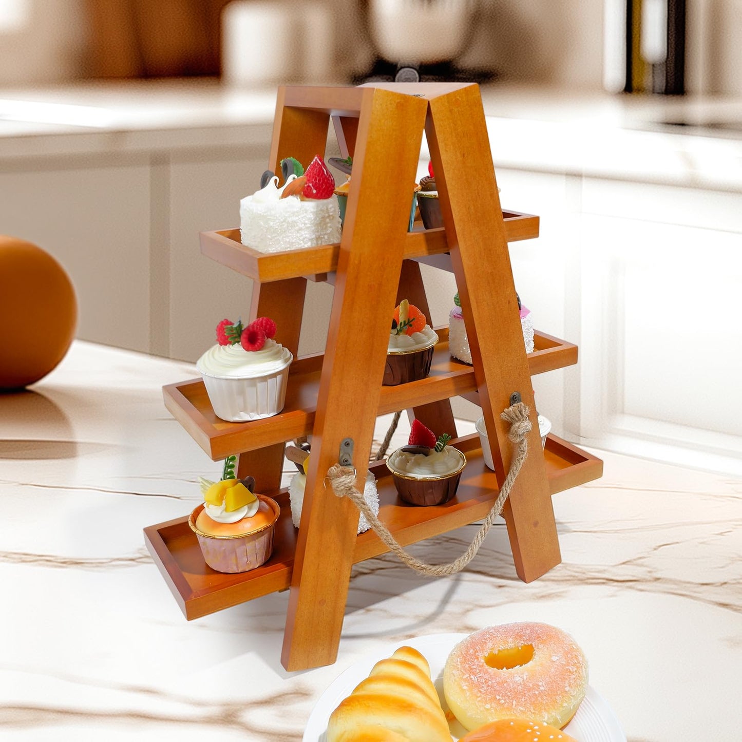 Tnstbiee 3 Tier Cupcake Stand - Wooden Display Stand for Desserts, Fruits, Nuts, Cheese - Removable Trays and Foldable Stand - Perfect for Parties and Events - Rustic and Unique Wooden Serving Tray