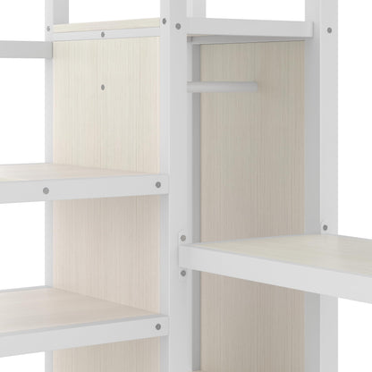 KEIKI Metal Loft Bed Queen Size with L-Shaped Desk, USB Port, Wardrobe, Adjustable Shelf, and LED Lights, High Loft Bed with Stairs for Teens and Adults, White Wood Grain