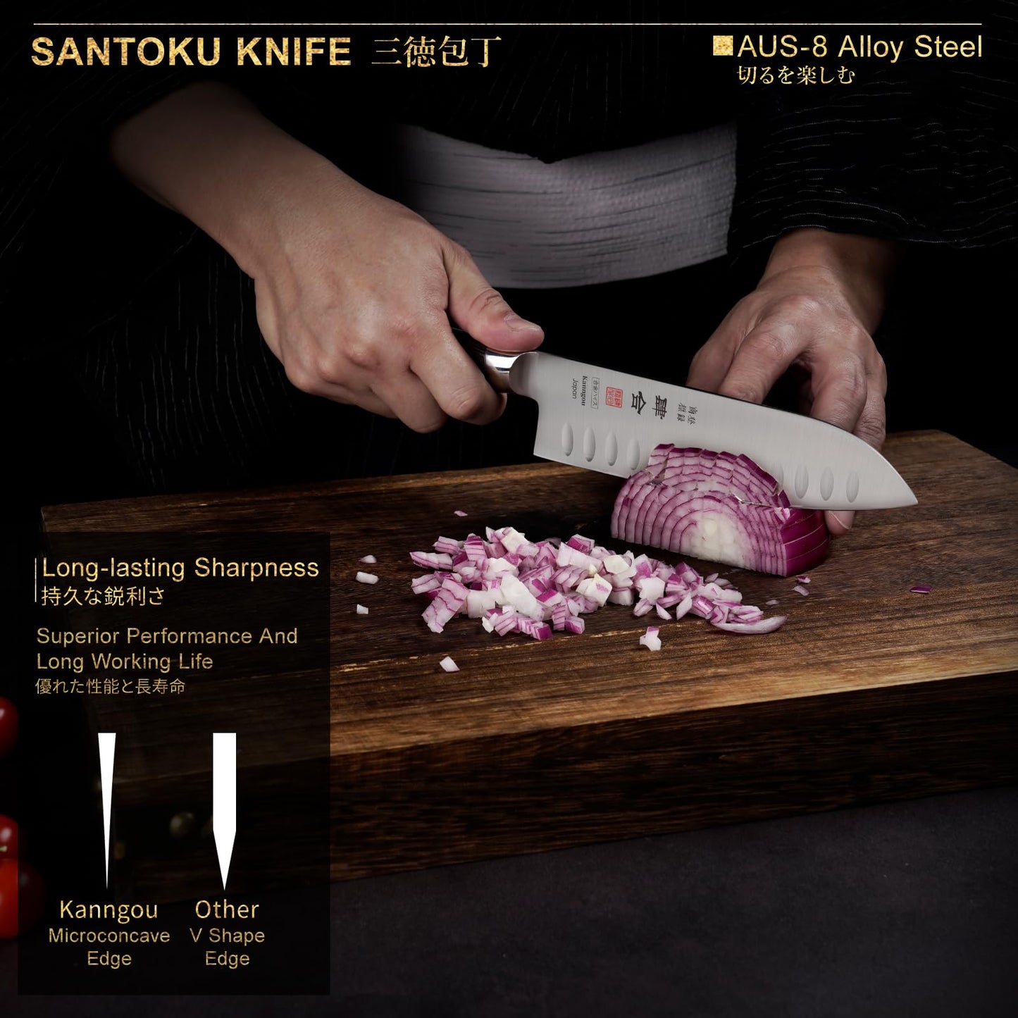 kanngou 7 Inch Santoku Knife, Japan AUS-8 Alloy Steel Japanese Knife with Full-Tang Black Pakkawood Handle, Vegetable Chopping Knife with Premium Gift Box (Classic Series)