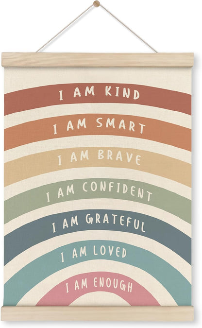 12x16 inch HRQKO I Am Kind Smart Inspirational Poster Hanger Frame, Boho Rainbow Wall Art with Wooden Frames, Positive