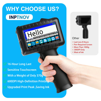 INPTNOV Handheld Inkjet Printer for Logo Batch Number Expiration Date Barcode Serial Number on Anything Glass Farbic Wood Plastic Cardboard Metal Clothes,42ml Fast Dry Ink,Last 16H,0.5 Inch Nozzle