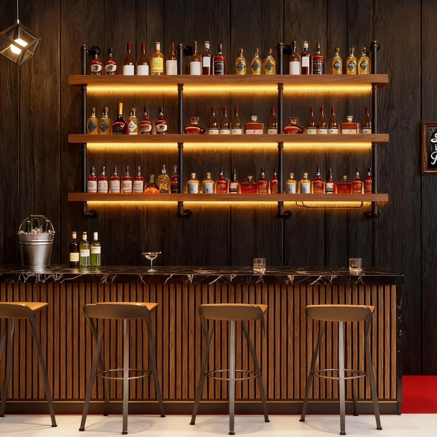 Dawselod 62.9in Large Wine Rack with LED Light Solid Wood Wall Mounted Wine Rack, 3-Tiers Liquor Bottles Floating Shelves Display Storage Organizer for Home Bar & Dining Room (160cm/62.9in)