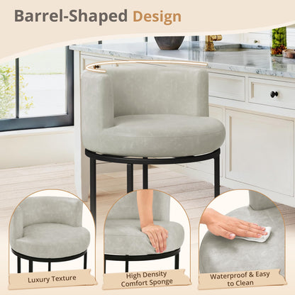 LUE BONA 26.8" Counter Height Bar Stools Set of 3, 180° Swivel Bar Stools, Modern Barrel Counter Stools with Metal Frame, Faux Leather Upholstered Barstools for Kitchen Island, Light Beige Gray