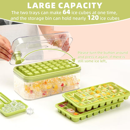 EuChoiz Ice Cube Tray with Lid Press Easy Release, Scoop and Bin Ice Trays for Freezer, Making 64 pcs Ice Cubes for Chilling Cocktail Whiskey Coffee Include 2 Trays and Storage Container, BPA Free