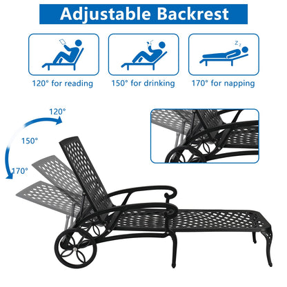 VINGLI Cast Aluminum Outdoor Chaise Lounge Chair with Wheels, Patio Chaise Lounges with 3-Position Adjustable Backrest, Pool Lounge Chair Reclining Chairs for Poolside Tanning (1, Black)
