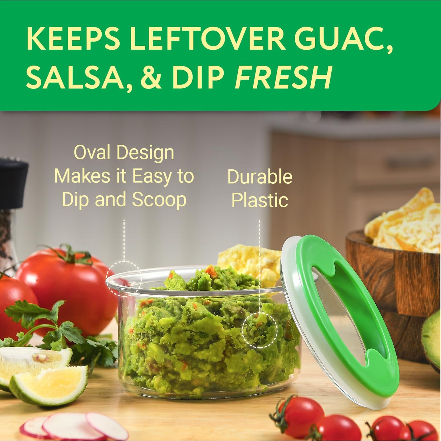 IMPRESA Oval Guacamole Keeper - Pack of 3, 1.5-Cup, Green Airtight Seal & Guacamole Preserver - Stackable Design & Guac Storage Container - Dishwasher-Safe