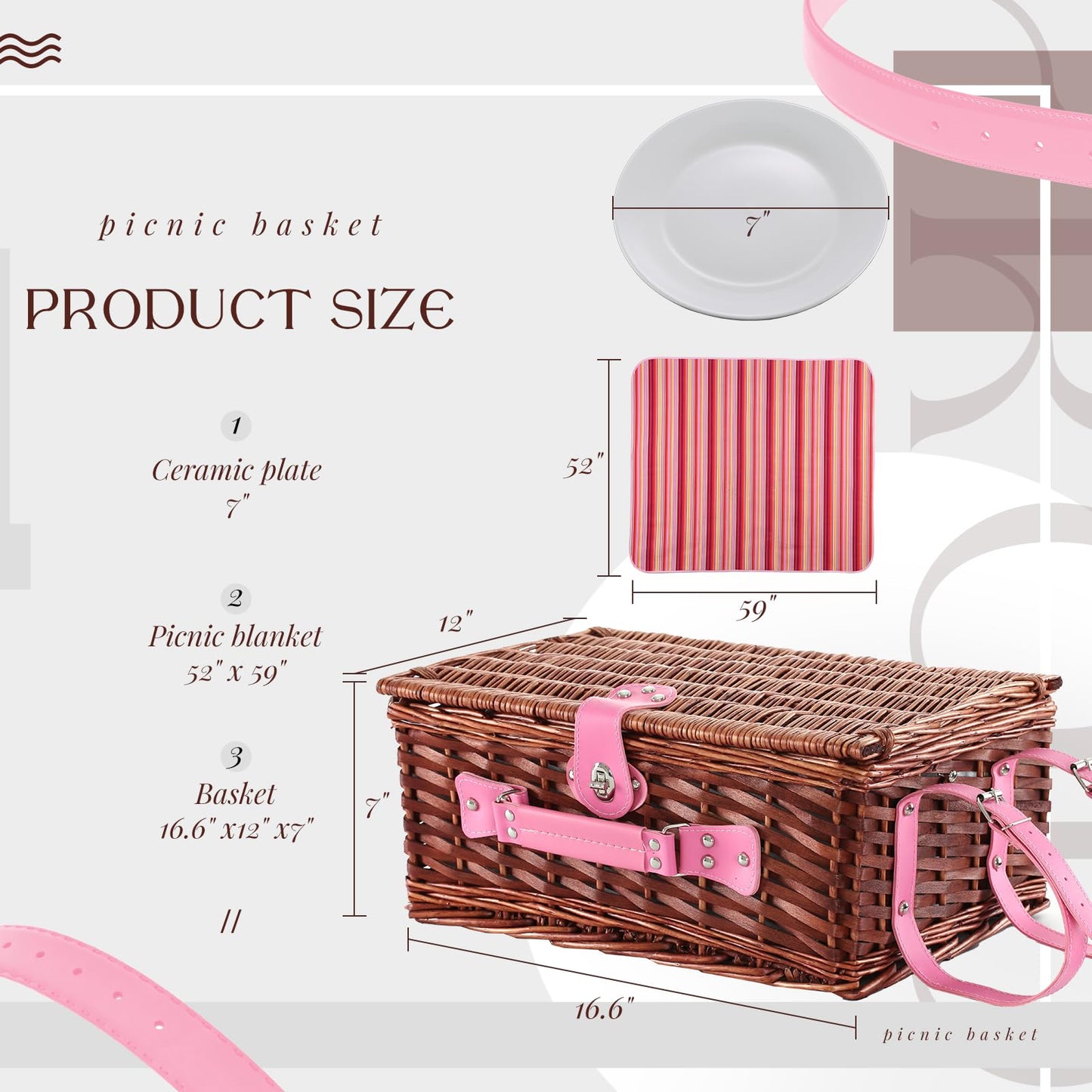 YPshuye Picnic Basket Set for 4 with Waterproof Blanket Mat Insulation Bag Wicker Pink Stripe Classic Fresh Gift for Christmas Thanksgiving Wedding Birthday Camp Outdoor Beach Travel