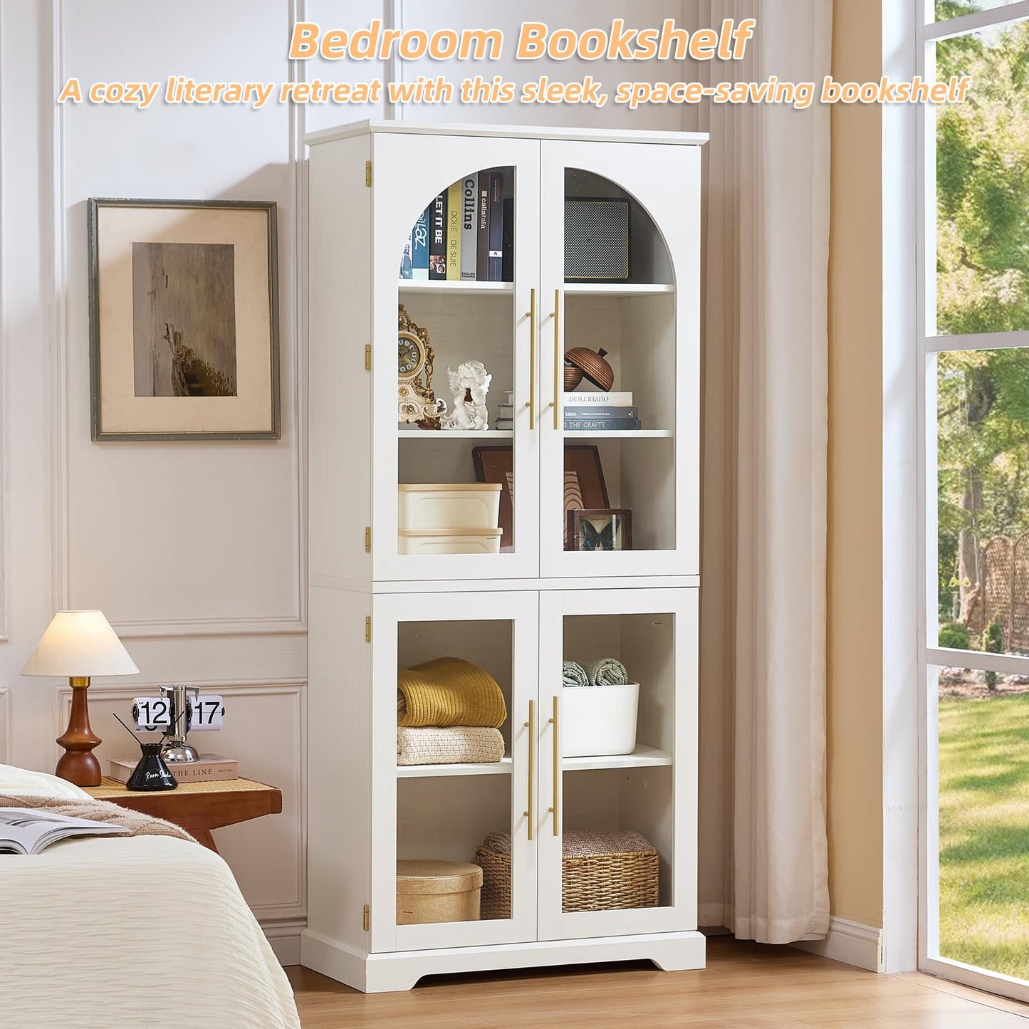 Joaxswe 72" Tall Bookshelf with 4 Curved Glass Doors, Farmhouse Bookcase with 3-Tier Adjustable Shelves, Modern Living Room Display Cabinet, Large Storage Cabinet for Home Office,Dining Room, White
