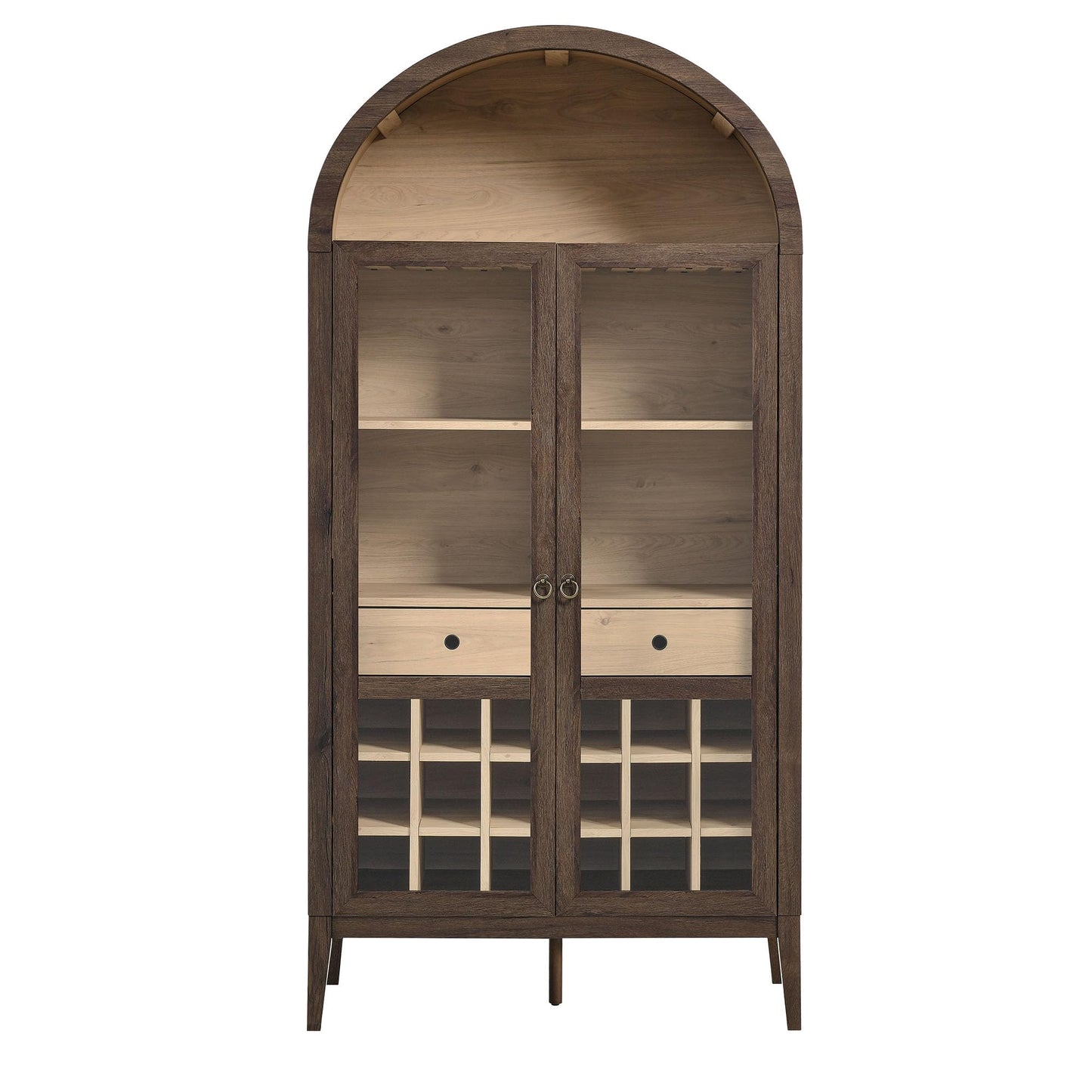 Modway Nolan Modern Farmhouse Arched Bar Cabinet in Dark Walnut Wood Grain - 72 Inch Tall Wine Storage Cabinet with Glass Doors and Wine Rack - Large Liquor Cabinet for Dining or Living Room