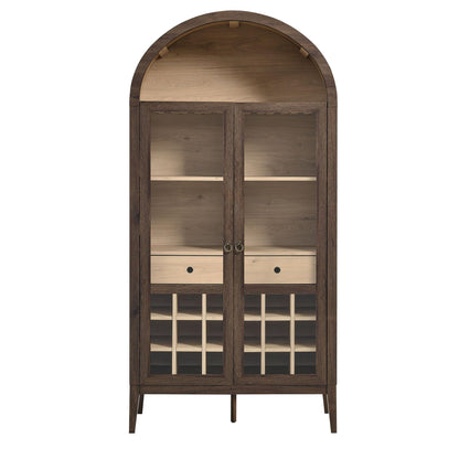Modway Nolan Modern Farmhouse Arched Bar Cabinet in Dark Walnut Wood Grain - 72 Inch Tall Wine Storage Cabinet with Glass Doors and Wine Rack - Large Liquor Cabinet for Dining or Living Room