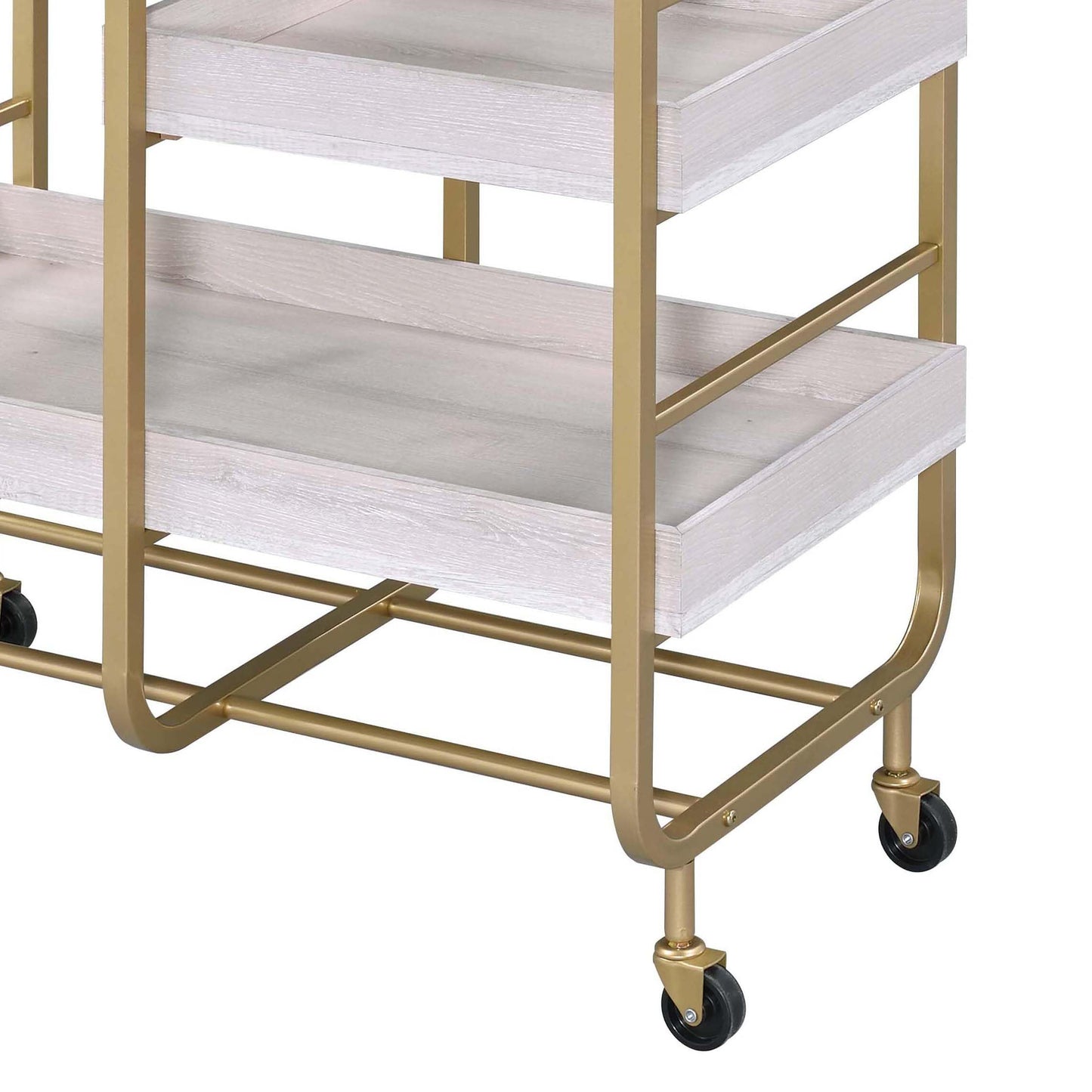 Qwtrvlizi Gold and White Washed Serving Cart with 3 Adjustable Trays