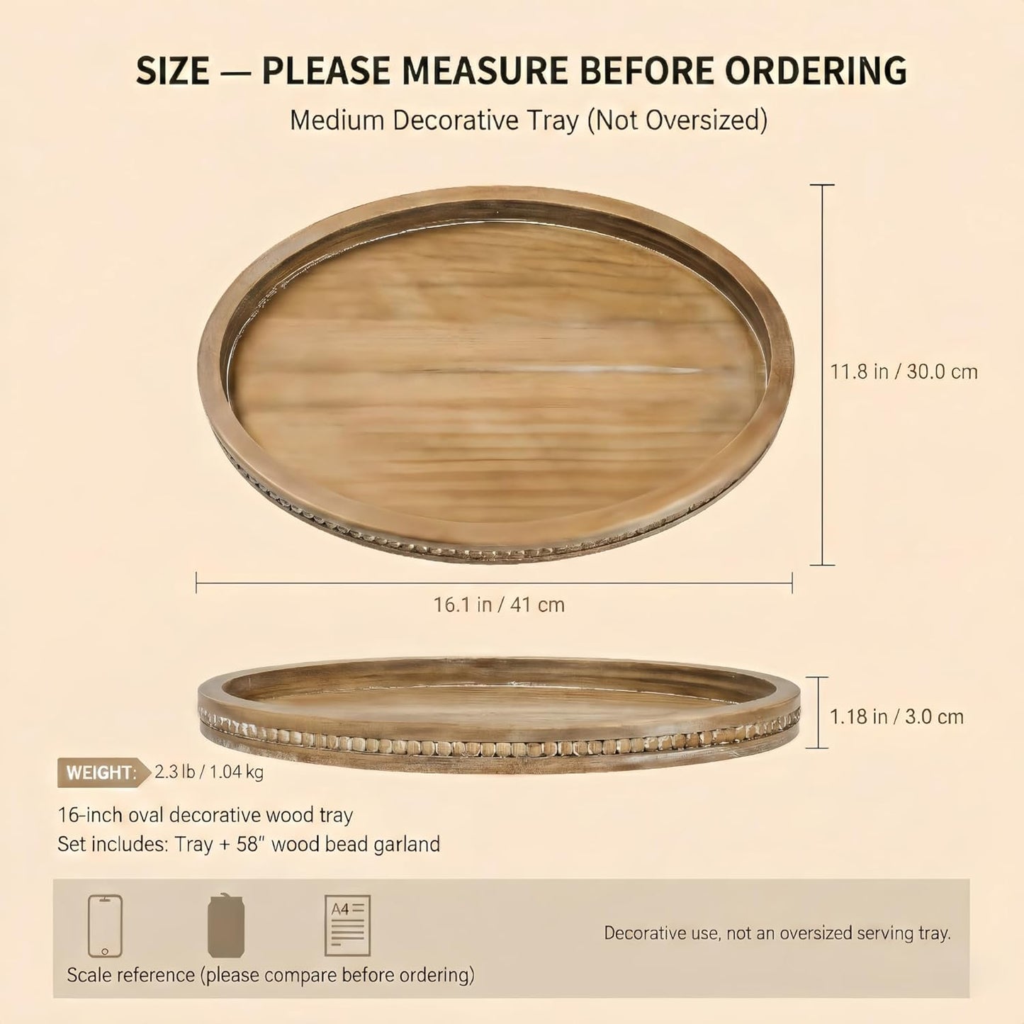 16" 11.8" 58" x Oval Wood Decorative Tray with Bead Garland, Farmhouse Coffee Table & Kitchen Island Dcor, Rustic Brown
