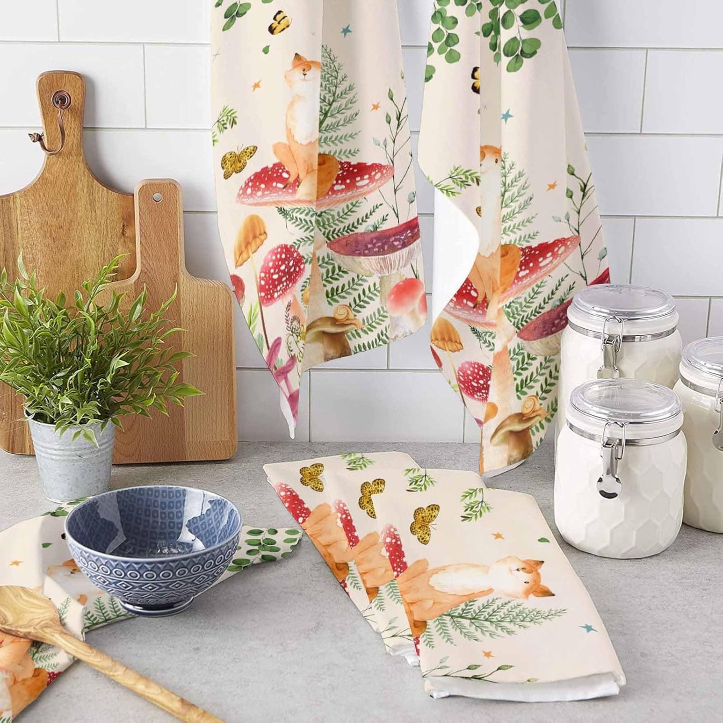 Mushroom Fox Kitchen Towels, Absorbent Microfiber Dish Towels with Eucalyptus Botanical Flower Leaves Herbs (2-PC)