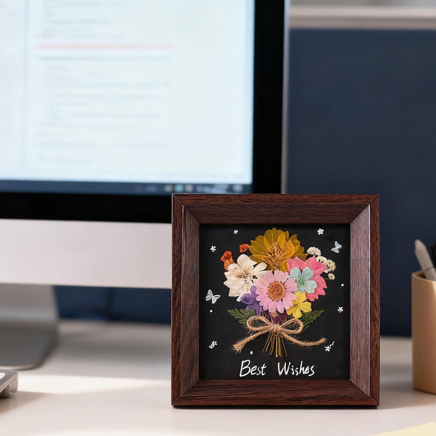 5x5'' Natural Flower Bouquet Frame - Handmade Pressed Flower Art Frame, Home Decor Walnut Wood Shadow Box Gift for Tabletop & Wall Art Decor, Dried Floral Artwork Gift for Anniversary, Valentine's Day