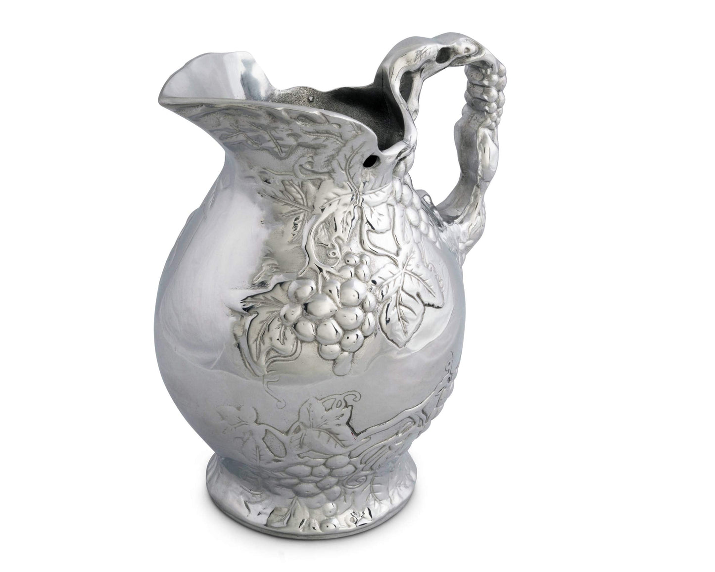 Arthur Court Metal Vineyard Pitcher Grape Pattern Sand Casted in Aluminum with Artisan Quality Hand Polished Design Tarnish Free Water Jug for Hot / Cold Water, Ice Tea and Juice Beverage 10 inch Tall