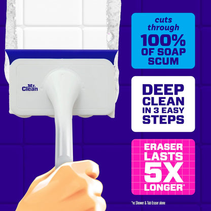 Mr. Clean Magic Eraser Shower & Tub Scrubber - All-in-One Bathroom Cleaner Kit | Lemon Scent, 1 Scrubber & 2 Erasers
